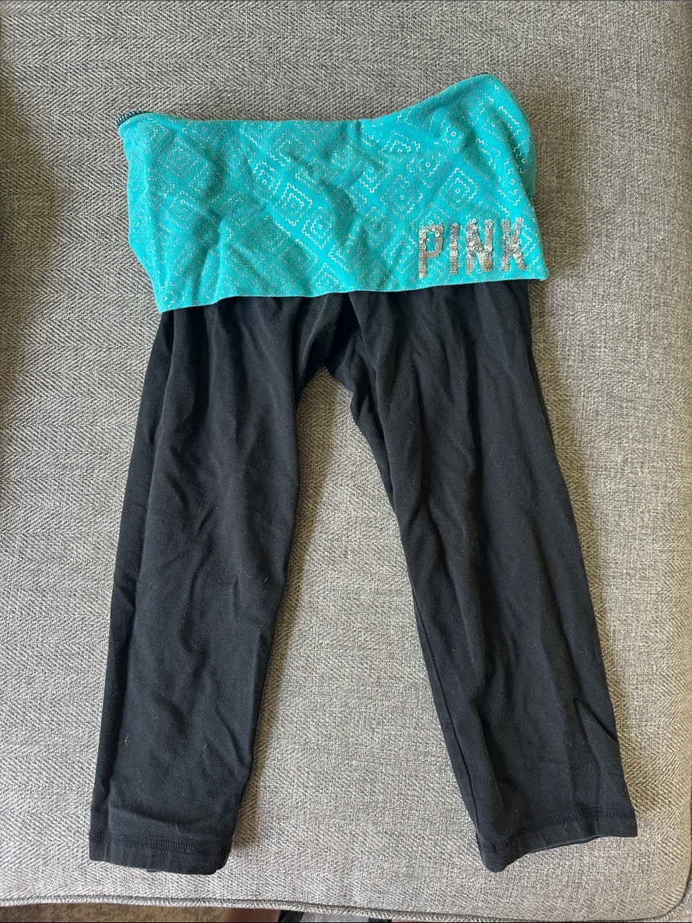PINK Victoria's Secret Black Yoga Pants Capri length with Teal Fold-Over waist